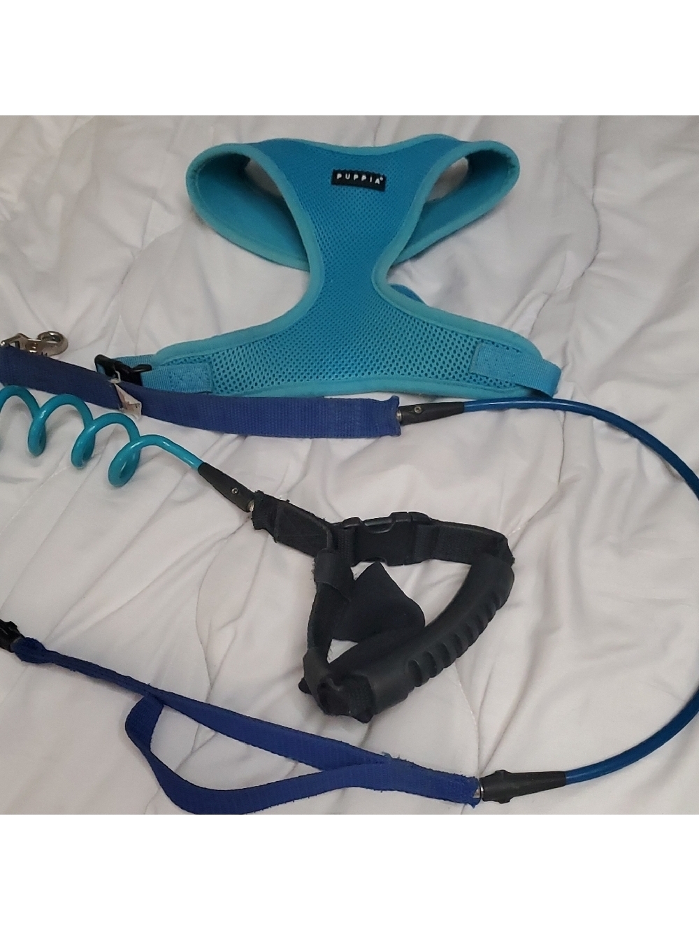 Puppia Aqua Blue Soft Harness and Navy Blue Leash Set, Size XL, New Without Tags